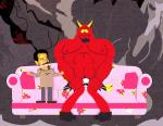 obrázok Satana a Saddáma Husseina sediacich na gauči v pekle z filmu South Park - Peklo na Zemi